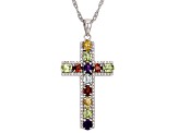 Multi-Gem Rhodium Over Sterling Silver Cross Pendant With Chain 1.91ctw