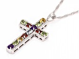 Multi-Gem Rhodium Over Sterling Silver Cross Pendant With Chain 1.91ctw