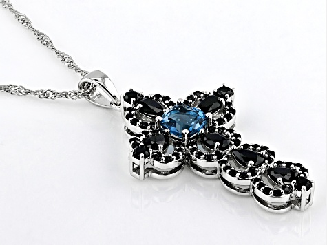 London Blue Topaz Platinum Over Silver Cross Pendant With Chain 3.13ctw