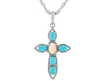 Picture of Ethiopian Opal Rhodium Over Sterling Silver Cross Pendant Chain 0.30ctw