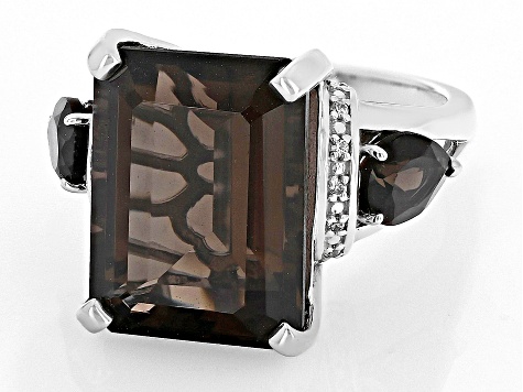 Brown Smoky Quartz Rhodium Over Sterling Silver Ring 10.60ctw