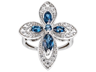 London Blue Topaz Rhodium Over Sterling Silver Cross Ring 1.77ctw