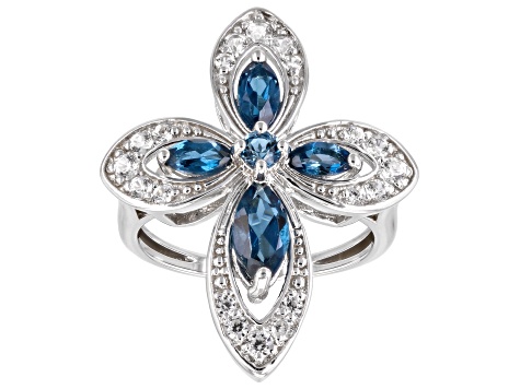 London Blue Topaz Rhodium Over Sterling Silver Cross Ring 1.77ctw