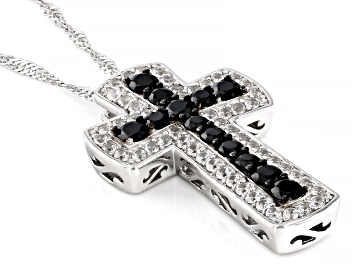 Picture of Black Spinel Rhodium Over Sterling Silver Cross Pendant With Chain 2.11ctw