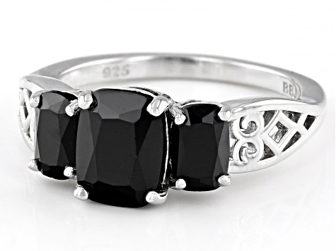 Black Spinel Rhodium Over Sterling Silver 3-Stone Ring 2.44ctw