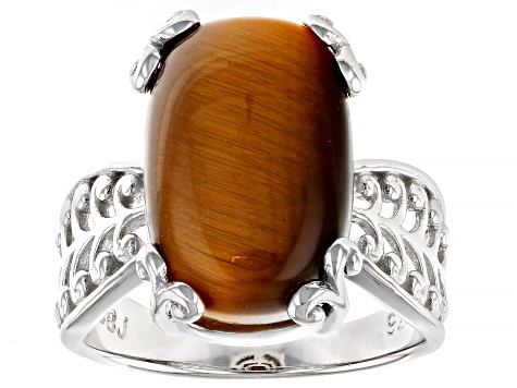 Tigers Eye Rhodium Over Sterling Silver Solitaire Ring