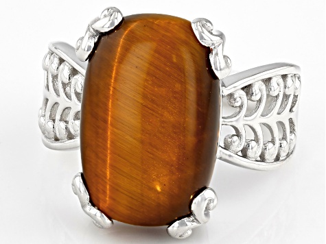 Tigers Eye Rhodium Over Sterling Silver Solitaire Ring