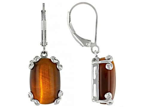 Brown Tigers Eye Rhodium Over Sterling Silver Solitaire Dangle Earrings