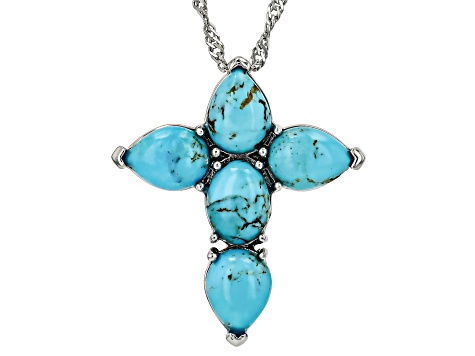 Blue Kingman Turquoise Rhodium Over Sterling Silver Pendant with Chain