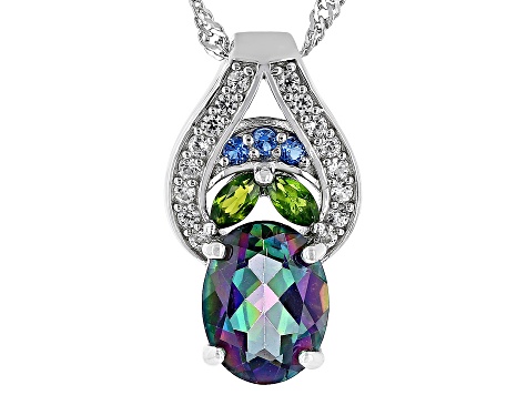 Mystic Fire® Green Topaz Rhodium Over Silver Pendant with Chain 2.28ctw