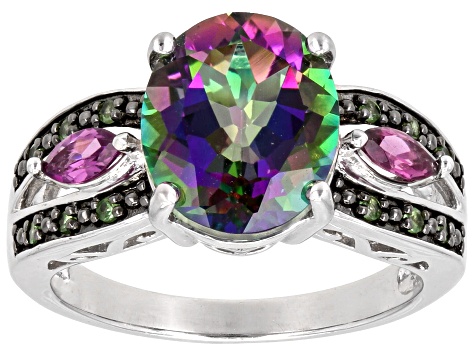 Mystic Fire® Green Topaz Rhodium Over Sterling Silver Ring 4.11ctw