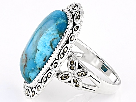 Blue Turquoise With Marcasite Sterling Silver Ring