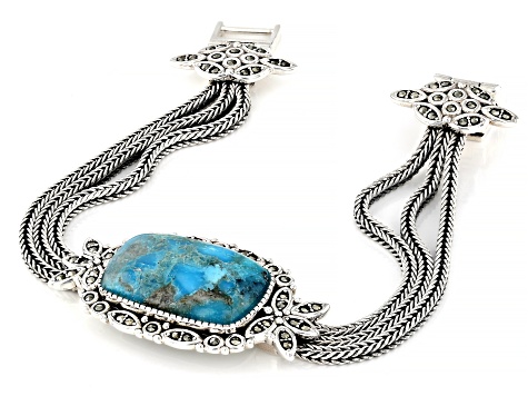 Blue Turquoise With Marcasite Sterling Silver Bracelet