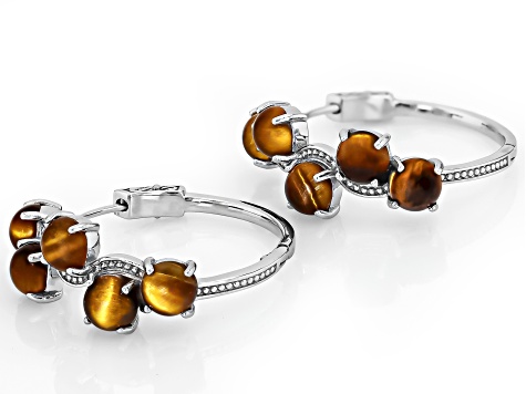 Brown Tigers Eye Rhodium Over Sterling Silver Hoop Earrings