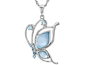 Blue Mother-of-Pearl Rhodium Over Sterling Silver Butterfly Pendant With Chain 0.26ctw