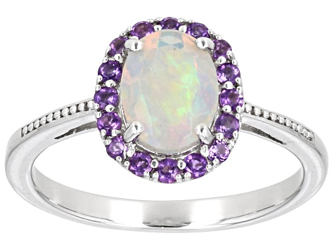 Multi Color Ethiopian Opal Rhodium Over Sterling Silver Halo Ring 1.03ctw