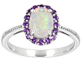 Multi Color Ethiopian Opal Rhodium Over Sterling Silver Halo Ring 1.03ctw