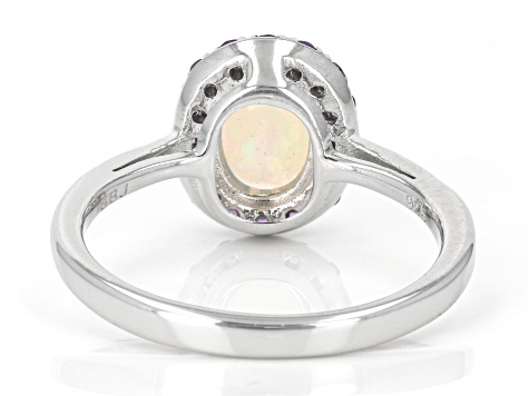 Multi Color Ethiopian Opal Rhodium Over Sterling Silver Halo Ring 1.03ctw