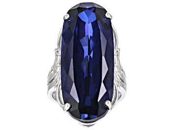 Picture of Blue Lab Created Sapphire Rhodium Over Sterling Silver Solitaire Ring 27.20ct
