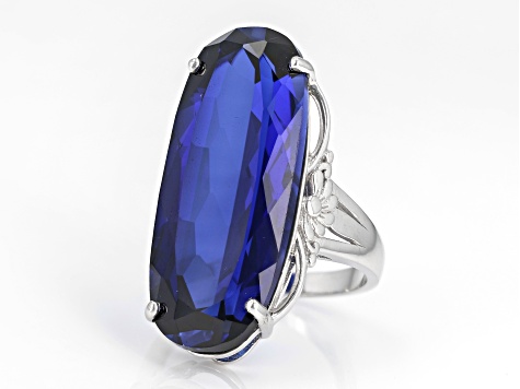Blue Lab Created Sapphire Rhodium Over Sterling Silver Solitaire Ring 27.20ct