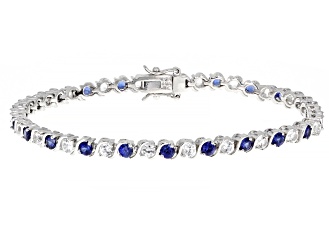 Blue Lab Created Sapphire Rhodium Over Silver Tennis Bracelet 5.74ctw