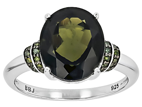 Green Moldavite Rhodium Over Sterling Silver Ring 3.50ctw