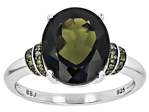 Green Moldavite Rhodium Over Sterling Silver Ring 3.50ctw