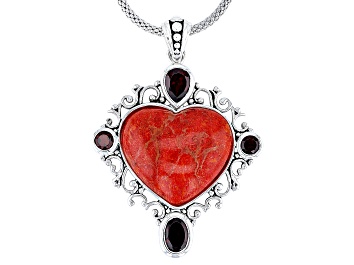Picture of Sponge Red Coral Sterling Silver Heart Pendant With Chain 2.12ctw