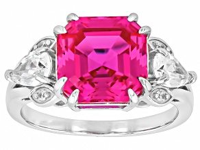 Lab Created Pink Sapphire Rhodium Over Silver 3-Stone Ring 7.25ctw