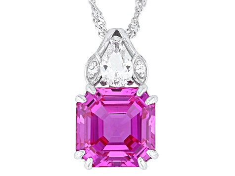 Pink Lab Created Sapphire Rhodium Over Silver Pendant Chain 6.79ctw