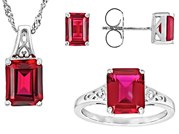 Picture of Red Lab Created Ruby Rhodium Over Sterling Silver Jewelry Set 8.80ctw