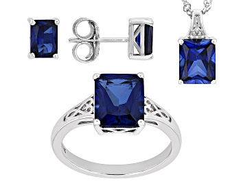 Picture of Blue Lab Created Sapphire Rhodium Over Sterling Silver Jewelry Set 8.48ctw