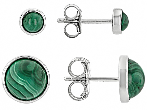 Green Malachite Rhodium Over Sterling Silver Stud Earrings Set