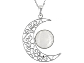 Rainbow Moonstone Rhodium Over Sterling Silver Crescent Moon Pendant With Chain