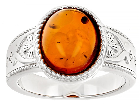 Orange Amber Rhodium Over Sterling Silver Solitaire Ring