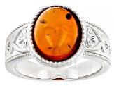 Orange Amber Rhodium Over Sterling Silver Solitaire Ring