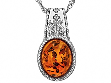 Picture of Orange Amber Rhodium Over Sterling Silver Solitaire Pendant With Chain
