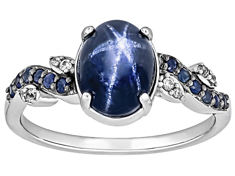 Blue Star Sapphire Rhodium Over Sterling Silver Ring 2.96ctw