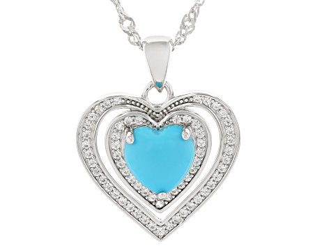 Sleeping Beauty Turquoise With White Zircon Rhodium Over Silver Heart Pendant With Chain 0.43ctw