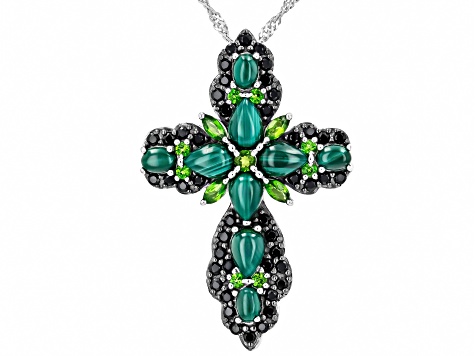 Malachite Rhodium Over Silver Cross Pendant With Chain 1.10ctw