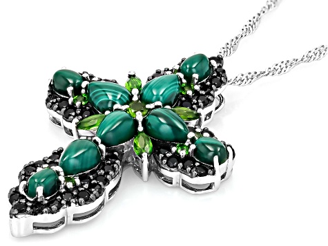 Malachite Rhodium Over Silver Cross Pendant With Chain 1.10ctw