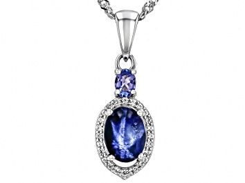 Picture of Blue Star Sapphire Rhodium Over Silver Pendant With Chain 0.34ctw