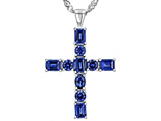 Blue Lab Created Sapphire Rhodium Over Sterling Silver Cross Pendant With Chain 2.11ctw