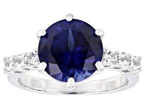 Blue Lab Created Sapphire Rhodium Over Sterling Silver Ring 4.21ctw