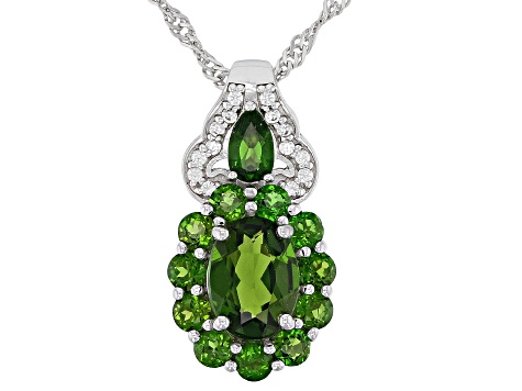 Green Chrome Diopside with White Zircon Rhodium Over Sterling Silver Pendant with Chain 2.14ctw