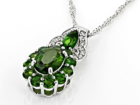 Green Chrome Diopside with White Zircon Rhodium Over Sterling Silver Pendant with Chain 2.14ctw