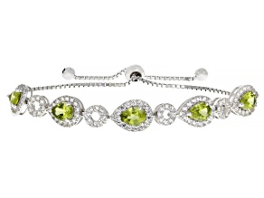 Green Peridot Rhodium Over Sterling Silver Bolo Bracelet 5.57ctw