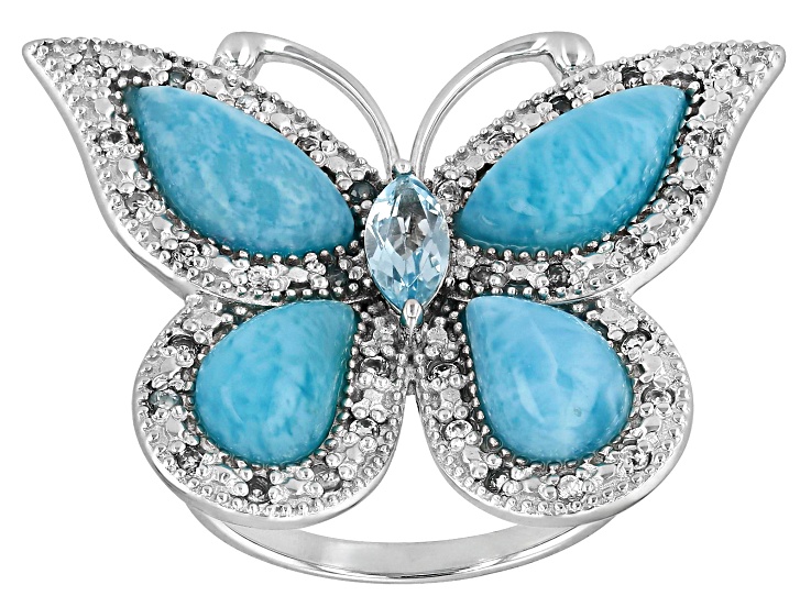 Blue Glacier Topaz™ Rhodium Over Silver Butterfly Ring 0.70