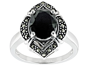 Black Spinel With Marcasite Rhodium Over Sterling Silver Ring 2.89ct
