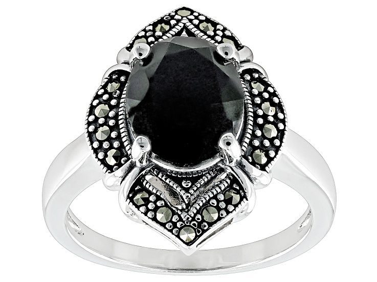 【関税込み】My Way ring in black silver, tsavorites and diam Black Spinel With Marcasite Rhodium Over Sterling Silver